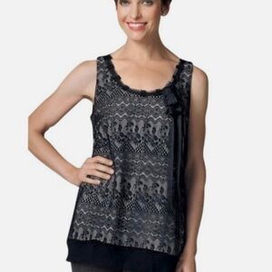 CAbi Black Lace Sleeveless Top with White Liner, Ruffled and Frayed Edges